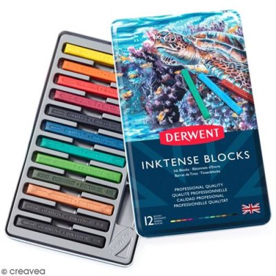  Pastels secs Derwent Inktense B&acirc;tonnets - Bo&icirc;te m&eacute;tal de 12 pastels