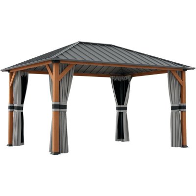 OUTSUNNY Pavillon de jardin alu aspect bois toit m&eacute;tal rideaux moustiquaires