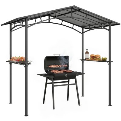 OUTSUNNY Pavillon jardin abri barbecue 2 &eacute;tag&egrave;res aluminium m&eacute;tal noir polycarbonate