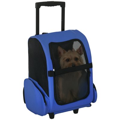 PAWHUT  - 2 en 1 trolley chariot sac &agrave; dos sac de transport &agrave; roulettes pour chien chat - Bleu
