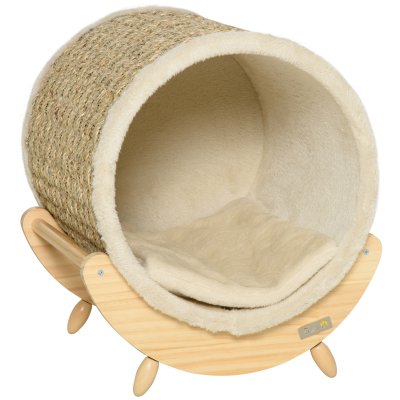 PAWHUT  Maison niche pour chat sur pieds avec coussin amovible et griffoir - bois de pin - naturel