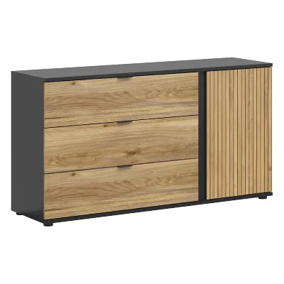 Pegane Commode buffet 1 porte 3 tiroirs - Ch&ecirc;ne noir