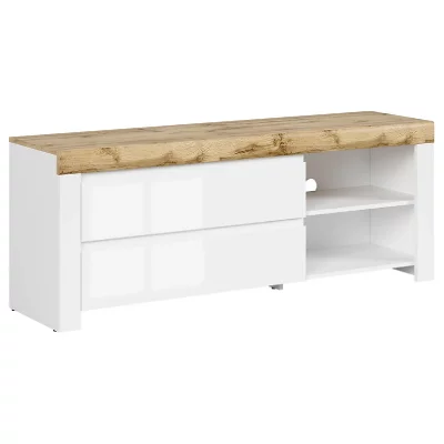 PEGANE  Meuble TV avec tiroirs - Blanc et ch&ecirc;ne