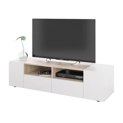 PEGANE  - Meuble tv d&eacute;cor blanc et ch&ecirc;ne - Dim : l 138 x p 42 x h 34 cm
