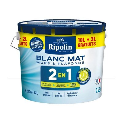 RIPOLIN Peinture acrylique murs & plafonds  2-en-1 blanc mat 12 L