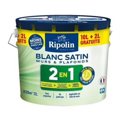 RIPOLIN Peinture acrylique murs & plafonds  2-en-1 blanc satin 12 L