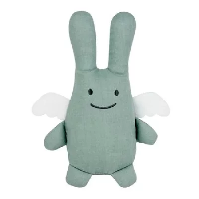 TROUSSELIER Peluche en lin ange lapin vert c&eacute;ladon + pochette en coton (20 cm)