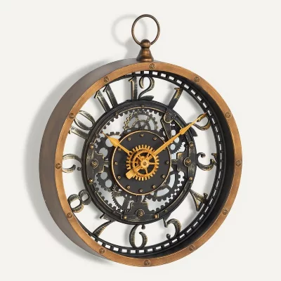 Pendule murale avec m&eacute;canisme apparent et forme gousset D 27 cm