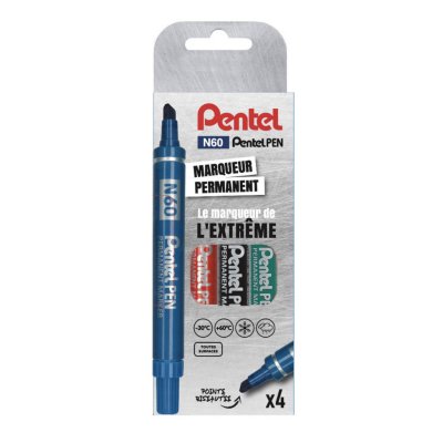 PENTEL  N60 Pochette de 4 Marqueurs permanents Pointe biseaut&eacute;e Assortis Noir/Bleu/Rouge/Vert