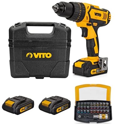 VITO Perceuse visseuse &agrave; batterie Lithium 18 V 2 batteries 2 Ah Chargeur inclus + Accessoires