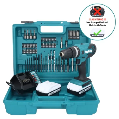 MAKITA Perceuse visseuse &agrave; percussion 18V 42 Nm  2 batt.BL1820G + chargeur + 74 pi&egrave;ces - HP488DAEX1