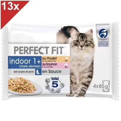 PERFECT FIT  52 Sachets fra&icirc;cheur sauce poulet saumon chat d'int&eacute;rieur 85g (13x4)