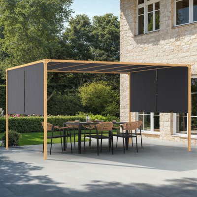 IDMARKET Pergola coulissante 2 pans 3x4 M belv&eacute;d&egrave;re de jardin effet bois toile gris anthracite