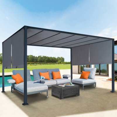IDMARKET Pergola coulissante 2 pans 3x4 M belv&eacute;d&egrave;re de jardin toile gris anthracite 