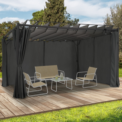 IDMARKET Pergola &eacute;dition suprem lames orientables 3x4 M et 4 rideaux gris anthracite