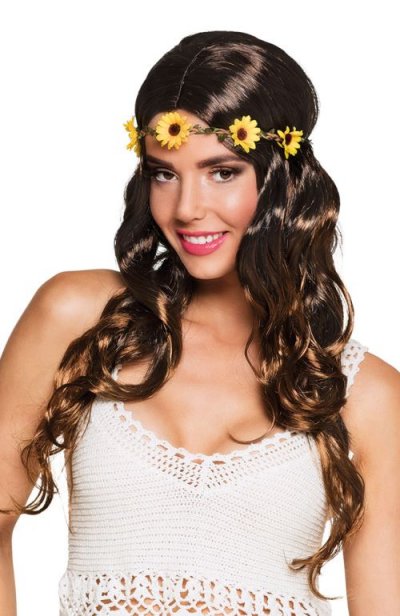 BOLAND Perruque longue marron avec bandeau fleurs femme