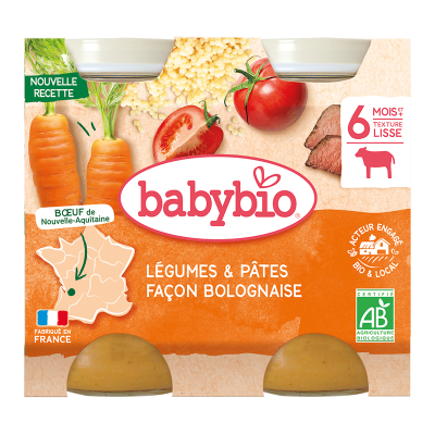 BABYBIO Petits Pots L&eacute;gumes P&acirc;tes Bolognaise Boeuf Fermier d&egrave;s 6 mois 