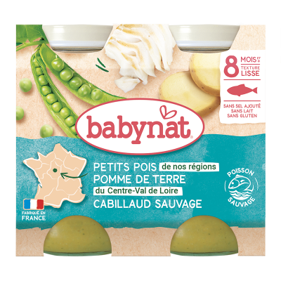 BABYBIO Petits Pots Petits Pois Pommes de Terre Cabillaud d&egrave;s 8 mois 