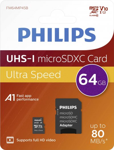PHILIPS  FM64MP45B - Carte m&eacute;moire flash (adaptateur SD inclus(e)) - 64 Go - UHS-I / Class10 - SDXC 