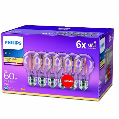 PHILIPS , pack de 6 ampoules E27 LED transparentes 60W, blanc chaud