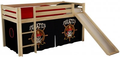 VIPACK PINO Lit Compact avec Toboggan Pin Massif Nature + Rideau de lit Pirate