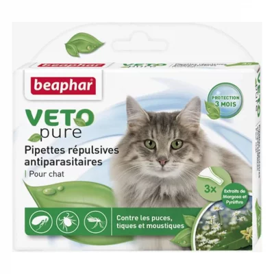 BEAPHAR Pipettes r&eacute;pulsives antiparasitaires vetonature margosa et pyr&egrave;tre chaton 3 pipettes de 0,4 ml 