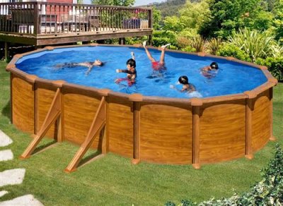 GRE Piscine acier aspect bois Mauritius ovale 6,10 x 3,75 x 1,32 m - Gr&eacute;