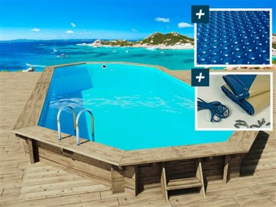 HABITAT ET JARDIN Piscine bois "" Palma "" - 7.57 x 4.07 x 1.31 m + B&acirc;che &agrave; bulles 180 &micro; + B&acirc;che hiver 280 gr/m&sup2;