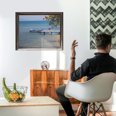 PLAGE  Sticker Fenetre trompe l`oeil adh&eacute;sive - Fenetre sur l`eau60x75 cm