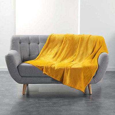 DOUCEUR D INTERIEUR Plaid 180 x 220 cm flanelle unie flanou Jaune Douceur d'Int&eacute;rieur