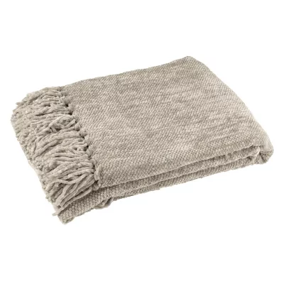 J-LINE Plaid &agrave; Franges ""Chenille"" 130x170cm Gris Vert