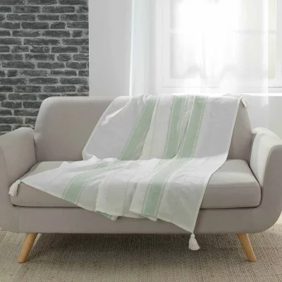  Plaid a pompons 125 x 150 cm coton tiss&eacute; fils argent Indira Menthe
