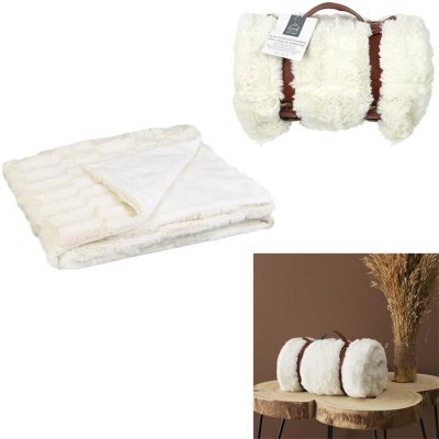 Plaid imitation fourrure + anse de transport 120 x 150 cm - Blanc