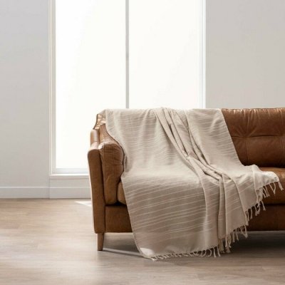 PARIS PRIX Plaid LILIA 180 x 220 cm - 100% coton - Beige &agrave; franges
