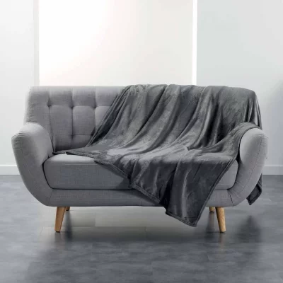 DOUCEUR D INTERIEUR Plaid Uni en Flanelle ""Flanou"" 180x220cm Gris
