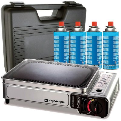 KEMPER Plancha &agrave; gaz portable 2300W + 4 cartouches de gaz + Valise de transport 