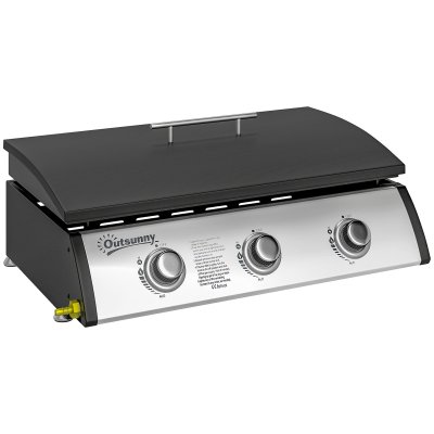 OUTSUNNY Plancha gaz 3 br&ucirc;leurs 7,5 kW couvercle acier inoxydable m&eacute;tal noir