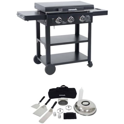 SWEEEK Plancha gaz 3 br&ucirc;leurs acier inoxydable 12kw et ustensiles