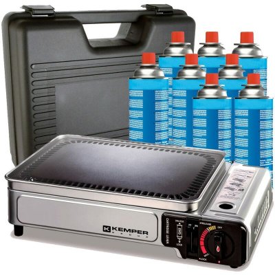 KEMPER Plancha gaz portable -  - plaque anti adh&eacute;sive - 8 cartouches gaz camping