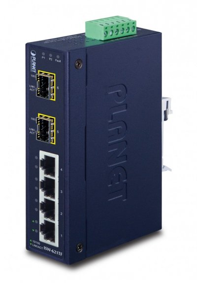PLANET  ISW-621TF sw.ind. 4P 10/100 +2 sfp 100FX (-40+75&deg;C)