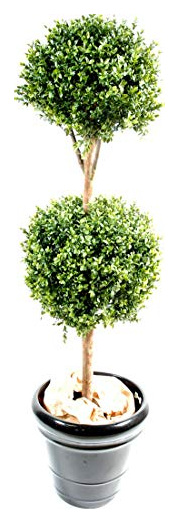 PEGANE Plante artificielle haute gamme Sp&eacute;cial ext&eacute;rieur / Buis tige double boule - Dim : H.140 x D.40 cm