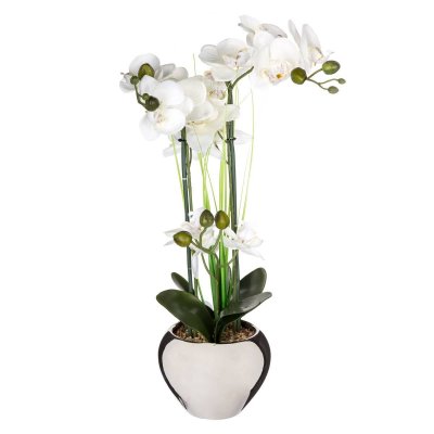 ATMOSPHERA Plante artificielle Orchid&eacute;e dans un pot en c&eacute;ramique argent H 53 cm