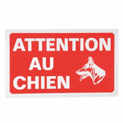 LOVE STORY Plaque en m&eacute;tal ATTENTION AU CHIEN - rouge et blanc - 33 x 20 cm