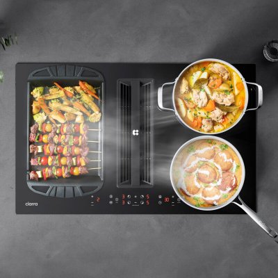 CIARRA Plaque Induction avec Hotte Int&eacute;gr&eacute;e 83cm 500m3/h 7000W 4 Foyers Booster Recyclage Evacuation  