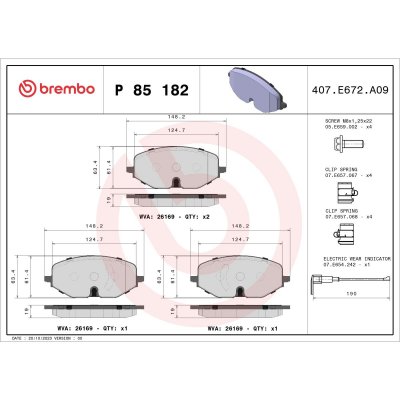 BREMBO Plaquettes de frein avant  P 85 182 (Jeu de 4)