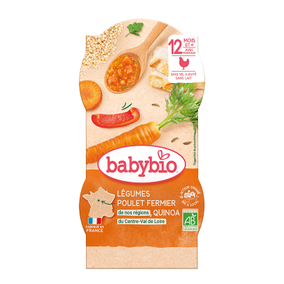 BABYBIO Plat B&eacute;b&eacute; D&egrave;s 12 Mois, L&eacute;gumes/poulet  - Les 2 Bols De 200g