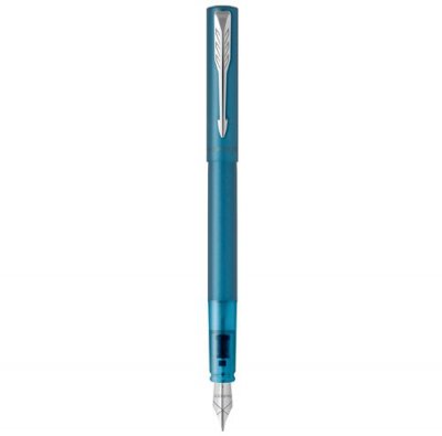 PARKER Plume  Vector XL bleu canard - corps acier satin&eacute; brillant - Pointe moyenne - Encre bleue