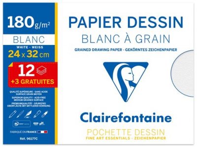 CLAIREFONTAINE Pochette 15 feuilles de papier dessin  Blanc &agrave; grain