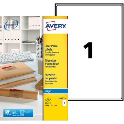 AVERY Pochette de 25 &eacute;tiquettes transparentes Jet d'encre 210x297mm J8567-25