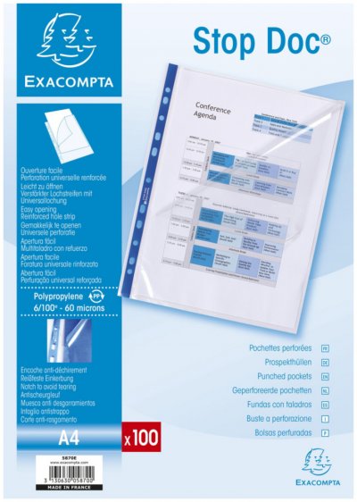 EXACOMPTA Pochette perforee stop doc A4 ouverture en coin - boite de 100